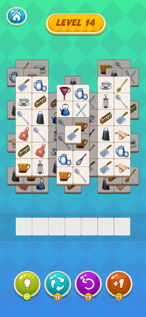 Kitchen Match - Kitchen Match mobile puzzle game interface showing tile matching gameplay with kitchen utensil icons on level 14.