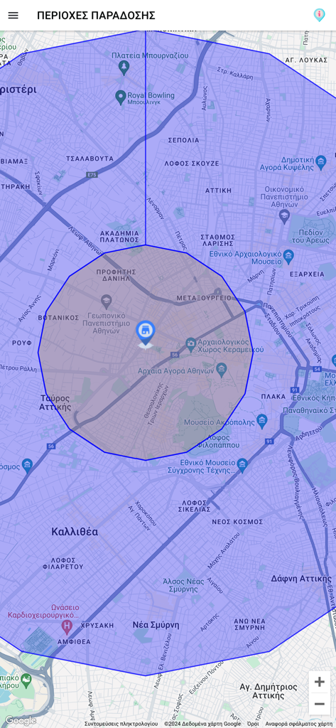 Mapa que muestra las zonas de entrega de la app del restaurante Thai Zab