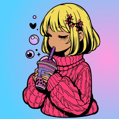 manga girl drinking boba in cozy sweater