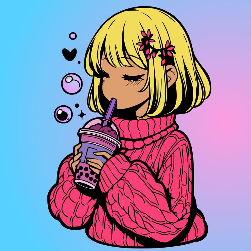 manga girl drinking boba in cozy sweater