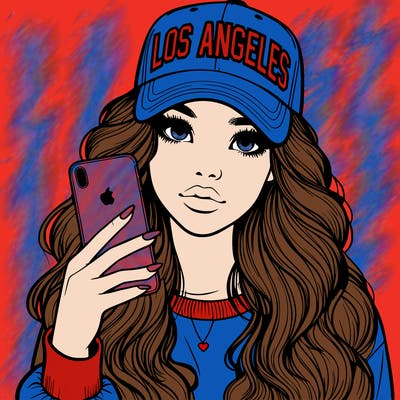 realistic beautiful girl wearing los ángeles cap holding an iphone