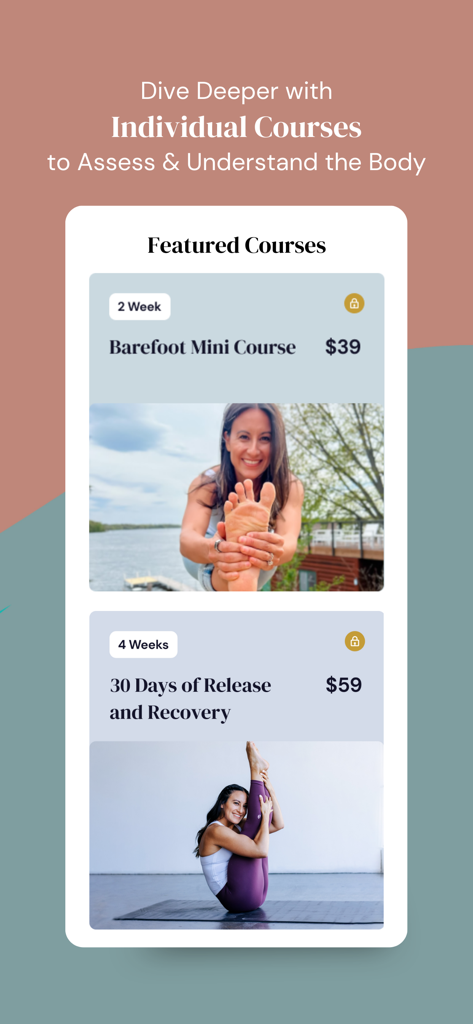App interface showcasing individual physical therapy courses for barefoot mobility and body recovery.