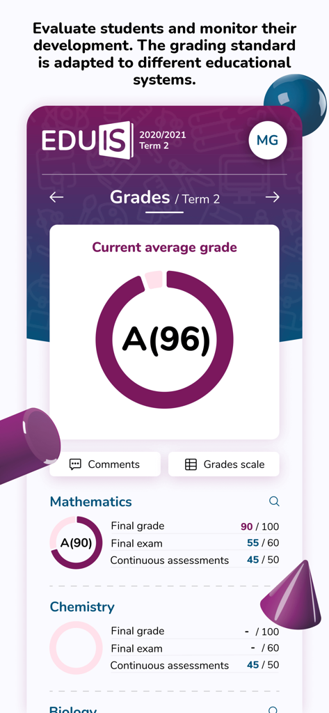 Écran de l'application Eduis affichant la moyenne générale actuelle d'un élève, A, et les notes individuelles par matière pour les mathématiques.