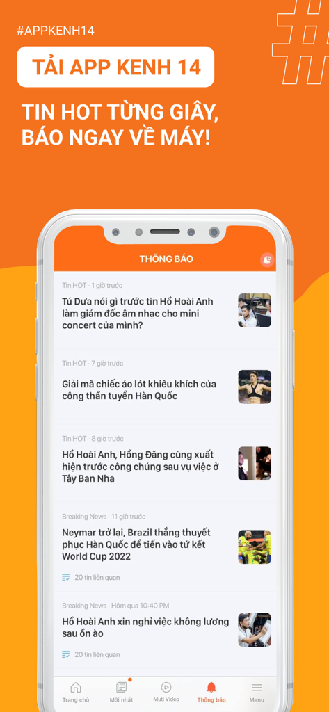 Kenh14.vn: Tin tức giới trẻ - Kenh14 Mobile App Benachrichtigungsbildschirm mit Trendnachrichten und Promi-Klatsch auf Vietnamesisch
