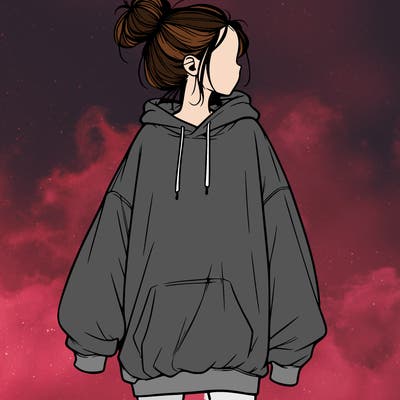 realistic girl with a oversized sweatshirt on and a bun