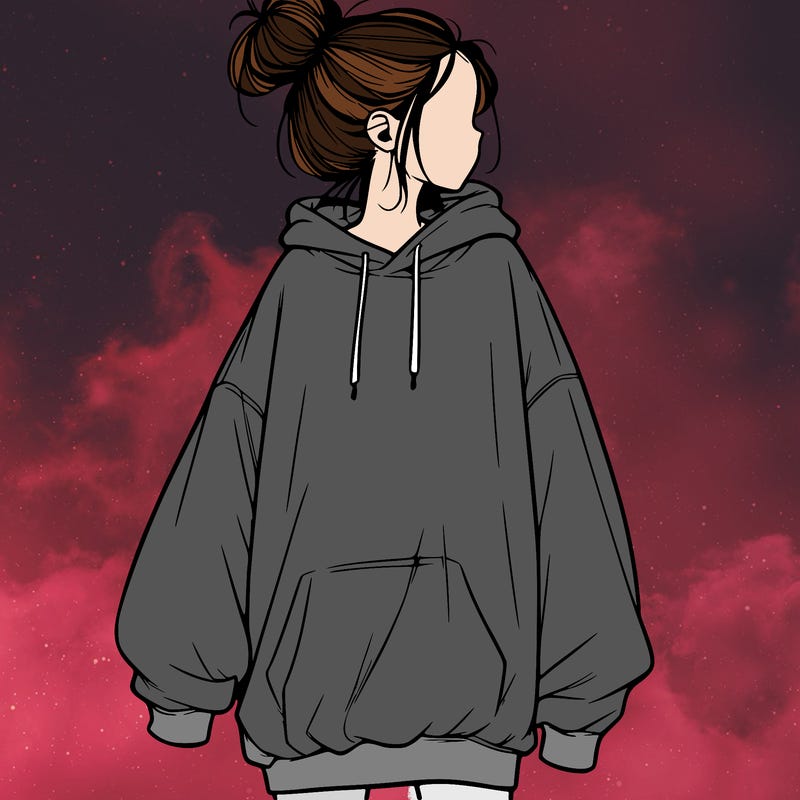 realistic girl with a oversized sweatshirt on and a bun