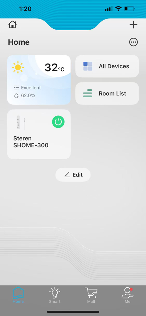Steren Home mobile app interface showing the home dashboard with weather information and connected smart devices