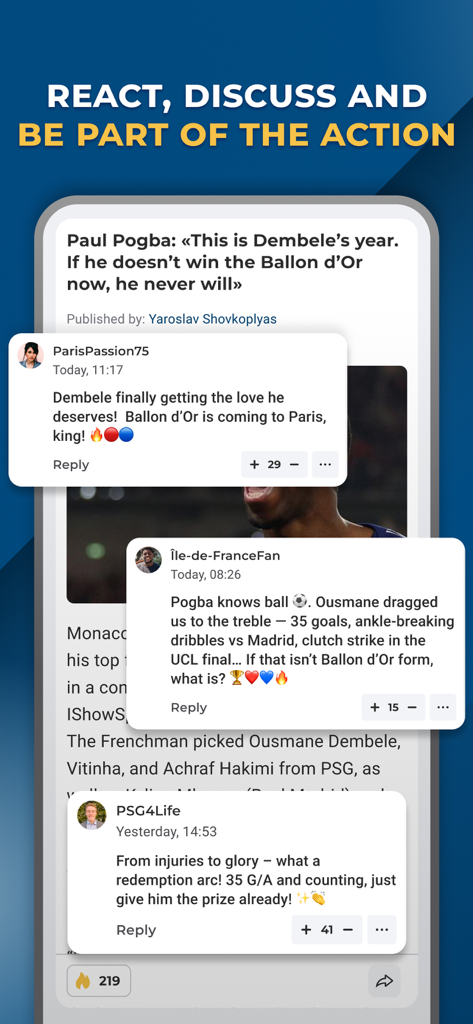 Mobile app interface showing fan comments and reactions to a sports news article