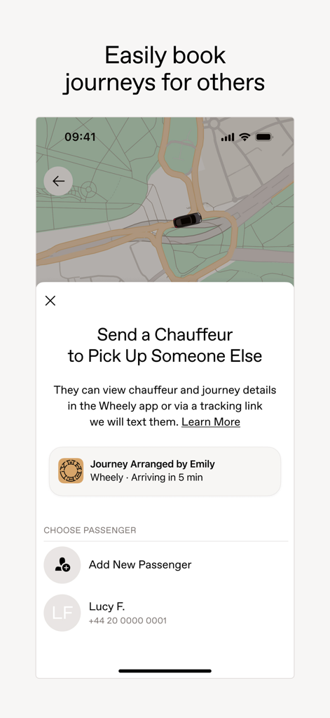 Wheely app interface showing the option to send a chauffeur to pick up another person.
