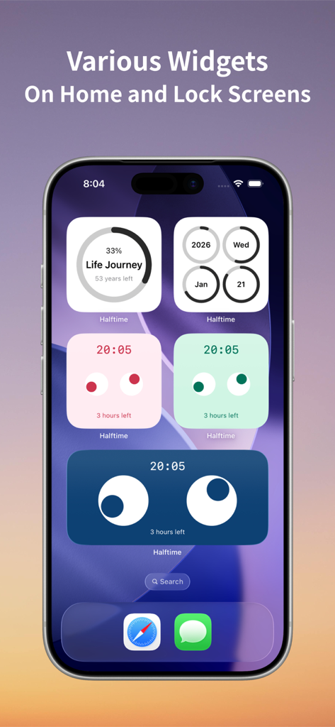 Halftime - Visual Time Tracker - 다양한 미니멀리스트 Halftime 앱 위젯이 시각적 시간 추적 및 인생 진행 상황을 위해 표시된 iPhone 홈 화면.