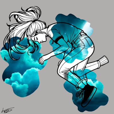 realistic young woman floating above the ground