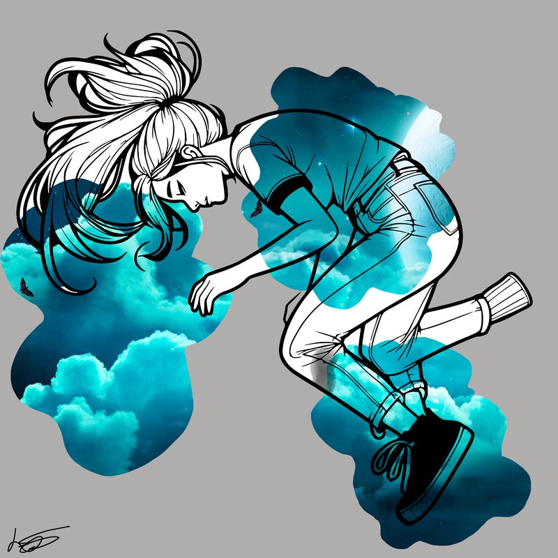 realistic young woman floating above the ground