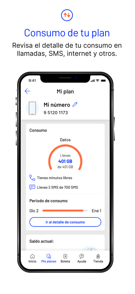 Entel - Interface de l'application Entel affichant les détails de l'utilisation des données mobiles et du forfait