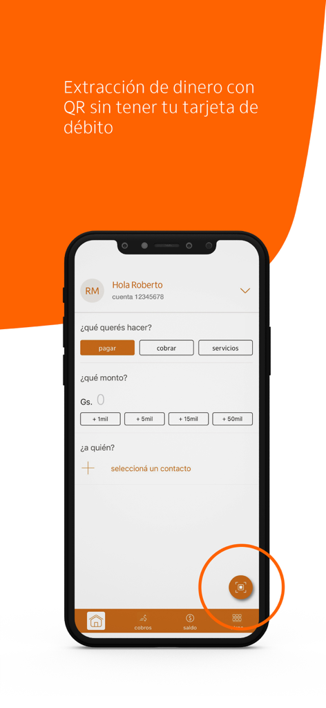 Itaú pagos PY - Smartphone che visualizza l'interfaccia dell'app mobile Itaú pagos PY per prelievi di denaro tramite codice QR senza carta di debito
