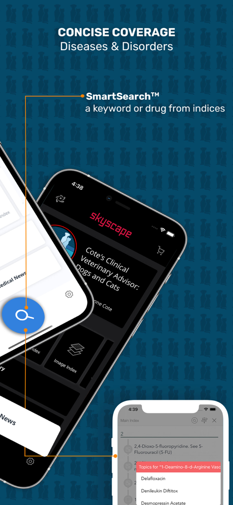 SmartSearch feature on the Veterinary Advisor app showing clinical coverage of diseases and drug indices
