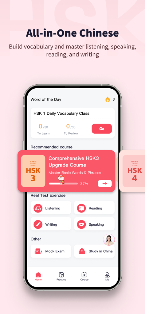 Pantalla de inicio de la aplicación TaoLiChinese mostrando cursos de idiomas HSK y ejercicios de aprendizaje