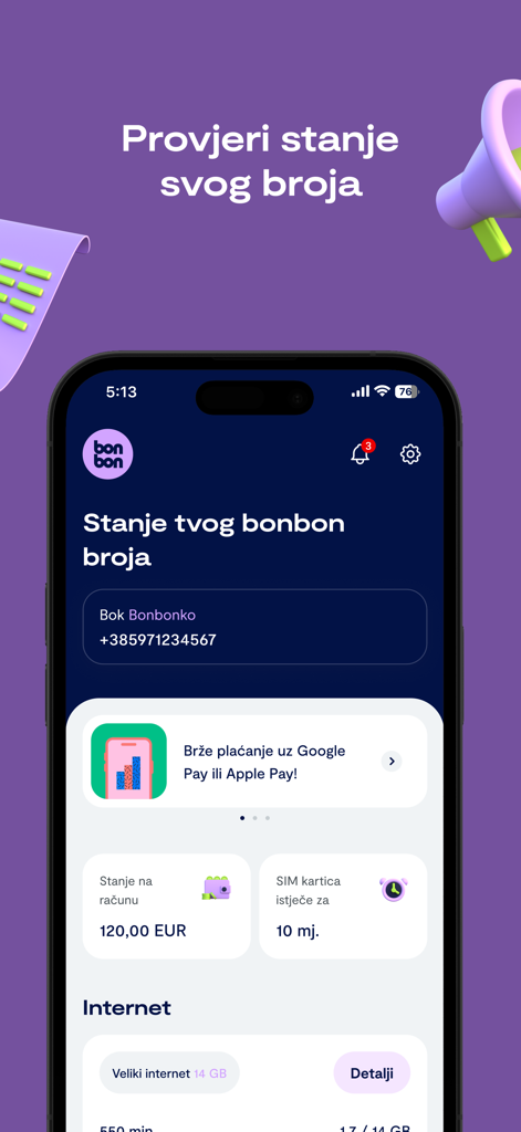Dashboard of the Moj bonbon app showing account balance and data usage
