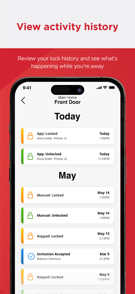 Kwikset - Kwikset app screen displaying a detailed activity log of smart lock events including app manual and keypad locks and unlocks