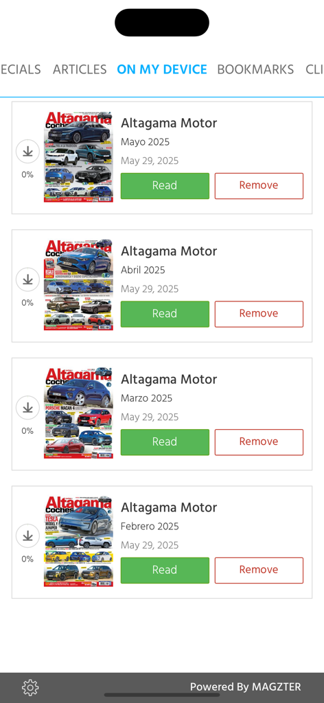 On My Device screen showing Altagama Motor magazine issues