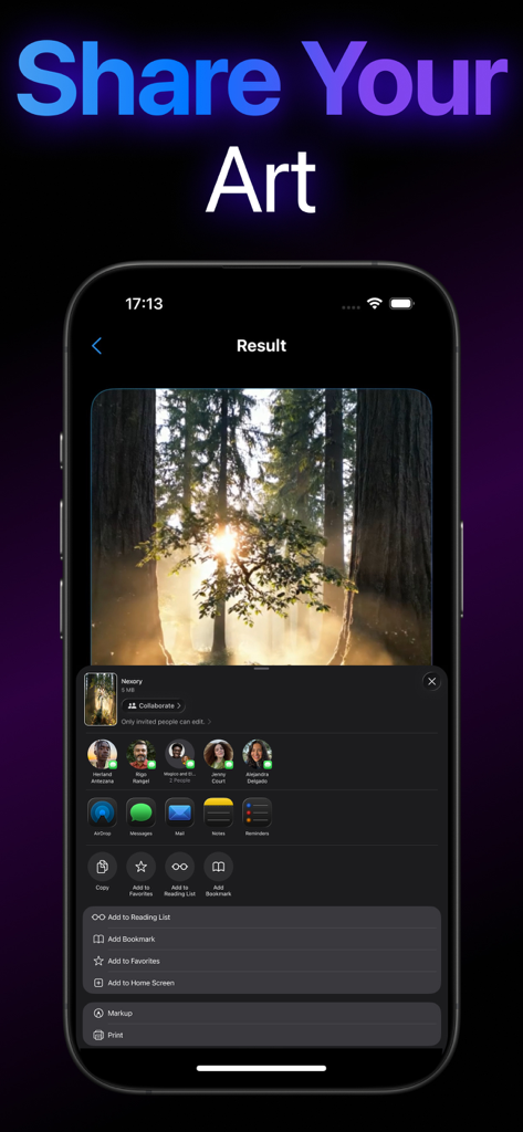 AI Video Generator - Nexory - iPhone screen displaying the Nexory app with an AI generated forest video and the iOS share menu open