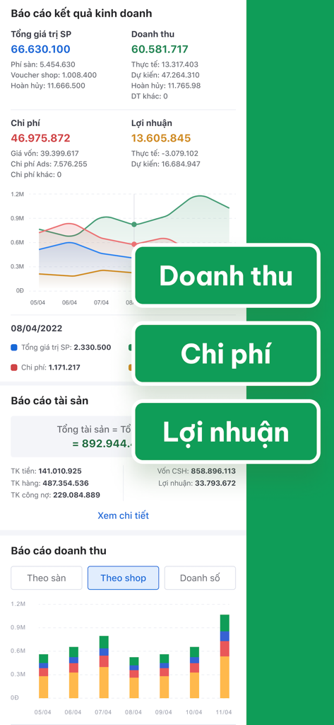 Salework - Salework app dashboard showing business financial reports for revenue expenses and profit