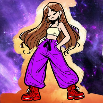 girl in baggy pants crop top and long hair