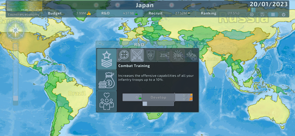 Dummynation strategy game screenshot showing the research menu for combat training on a world map