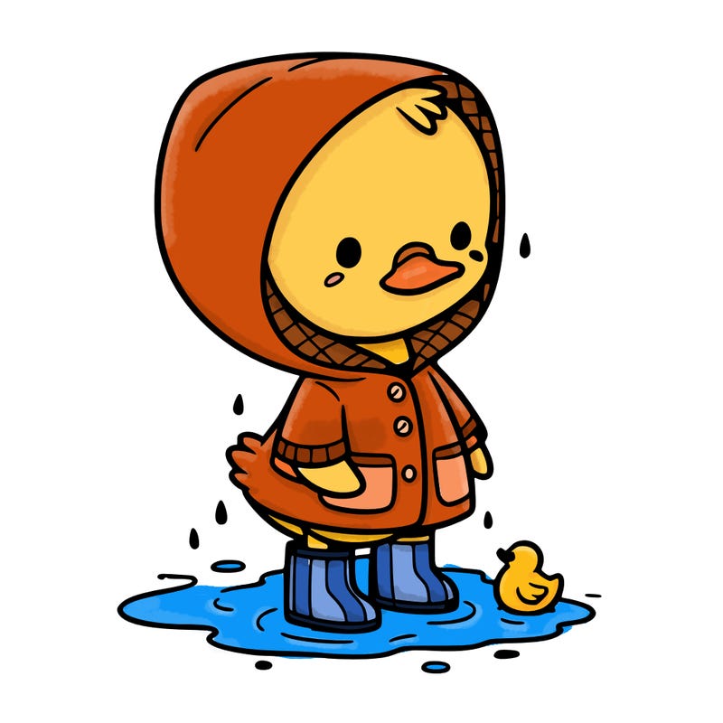baby duck in a rain coat and boots, in a puddle while it’s raining