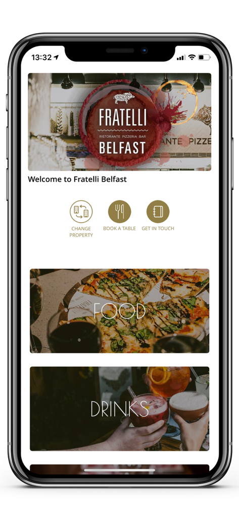 Galgorm Collection - Fratelli Belfast restaurant menu and table booking screen in the Galgorm Collection app
