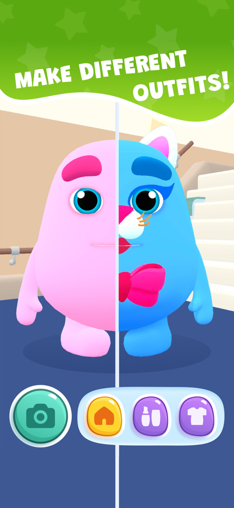 Talk to me Slimy: Brain Quiz - Una pantalla dividida que muestra un personaje rosa y azul con varias opciones de personalización y accesorios.