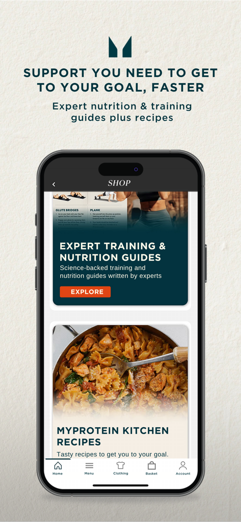 Myprotein app screen displaying expert fitness training plans and healthy nutrition recipes