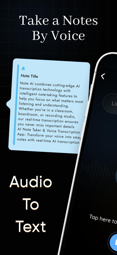 AI Note Taker : Voice Note AI - Benutzeroberfläche der AI Voice Note Taker App, die die Sprach-zu-Text-Transkriptionsfunktion zeigt