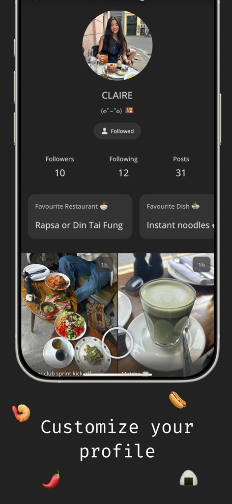 Supper Club app user profile screen featuring favorite dishes and a gallery of food photos