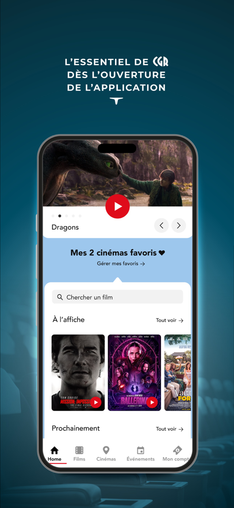 CGR Cinémas - CGR Cinémas mobile app home screen displaying movie posters and navigation menu