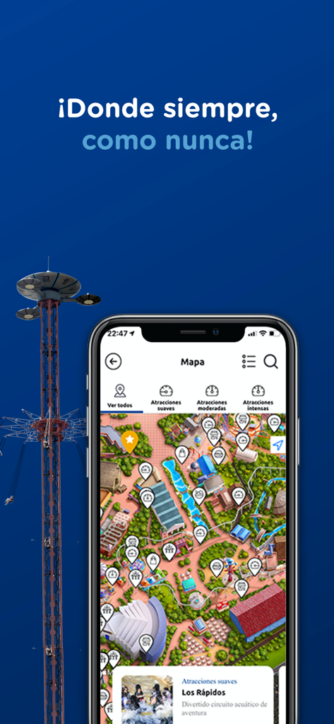 Parque de Atracciones Madrid - Tela de smartphone mostrando um mapa interativo do parque com pinos de atração ao lado de uma torre de queda alta.