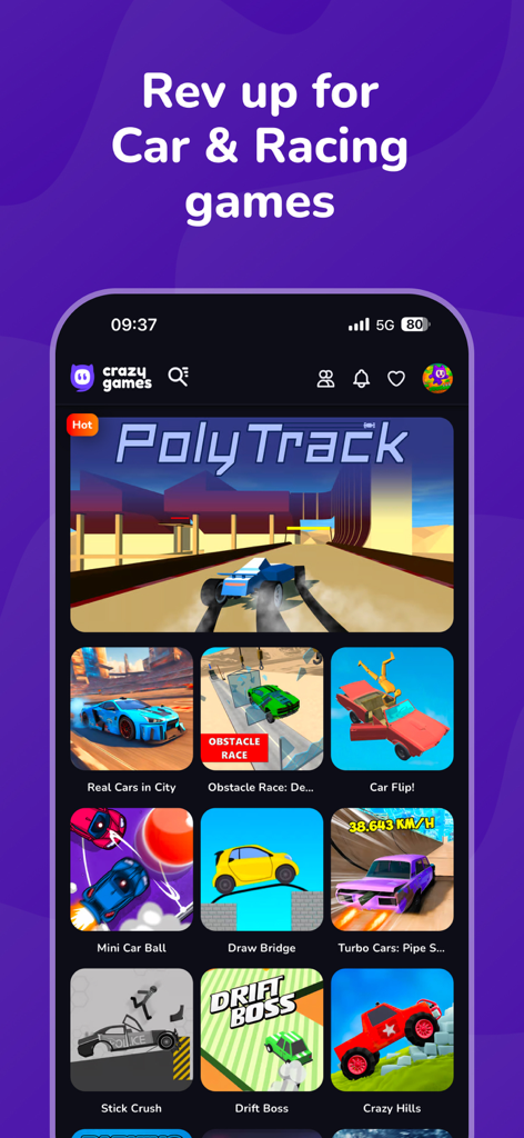 Interfaz de la aplicación CrazyGames que muestra una selección de juegos de coches y carreras, incluyendo PolyTrack y Real Cars in City.