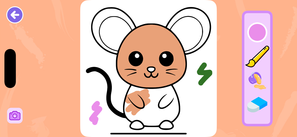 A coloring page of a cute mouse with digital drawing tools on the side