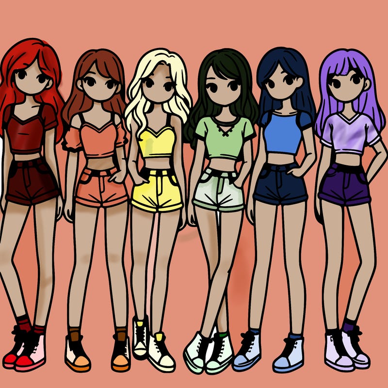 a group of girls wearing crop tops and shorts