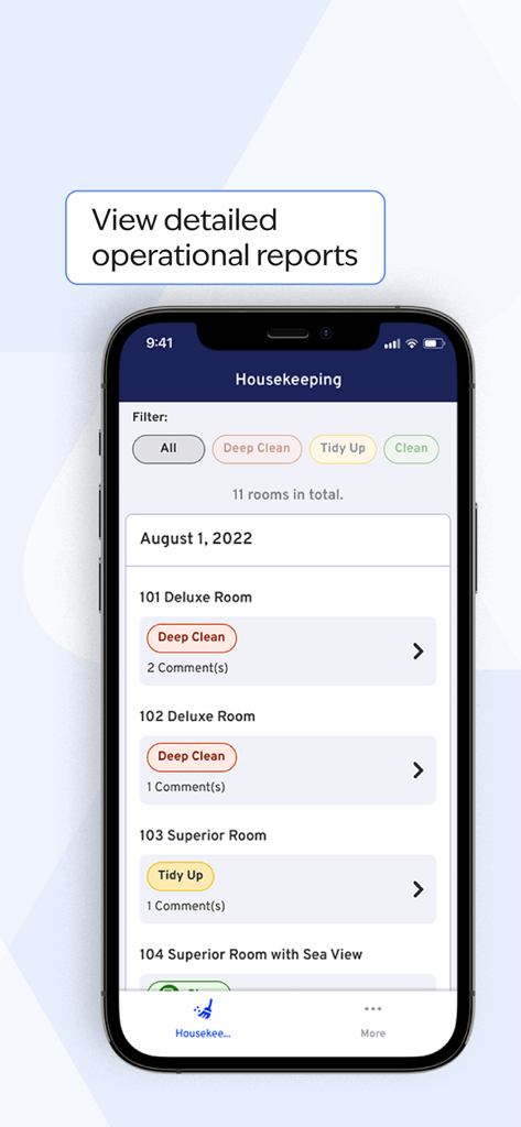 Interfaccia dell'app Amenitiz che mostra la gestione delle pulizie e i report operativi per le camere d'albergo.