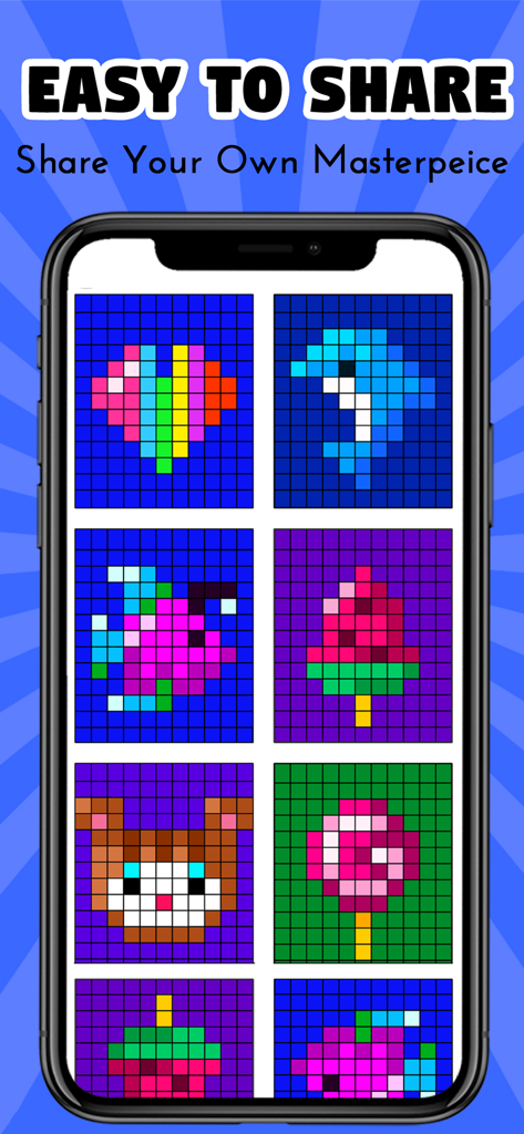 Pantalla de smartphone mostrando una galería de coloridos diseños de arte de píxeles, incluyendo un corazón y un delfín con el texto Fácil de compartir.