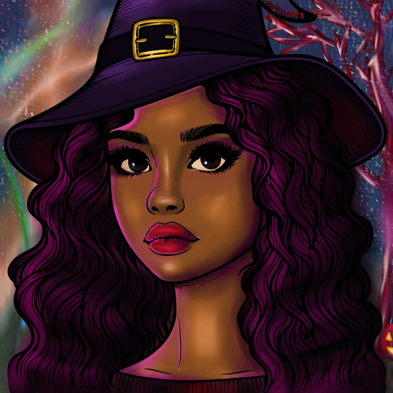 realistic girl with wavy hair a witch hat and a nose and lips and eyes