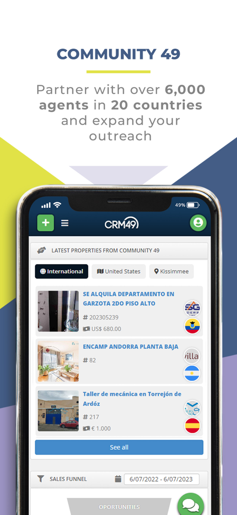 CRM 49 - CRM 49 app interface showing international real estate listings and agent network