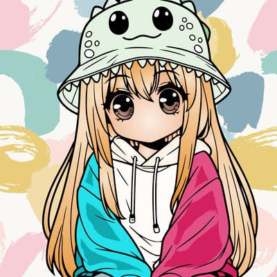 girl with anime shaped eyes with a dinosaur bucket hat oversized sweatshirt long straight hair