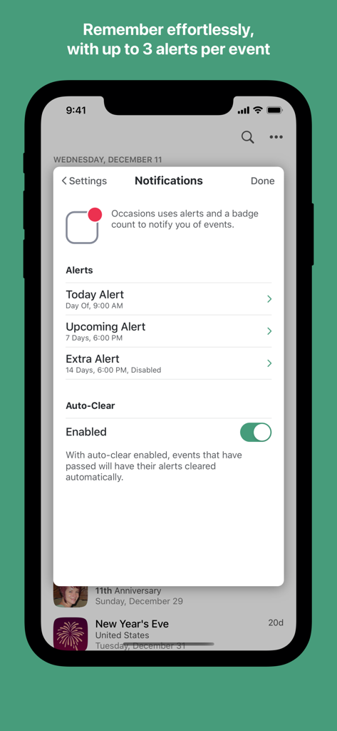 Occasions 3 - Reminders - Notification settings screen for event reminders with multiple alert options