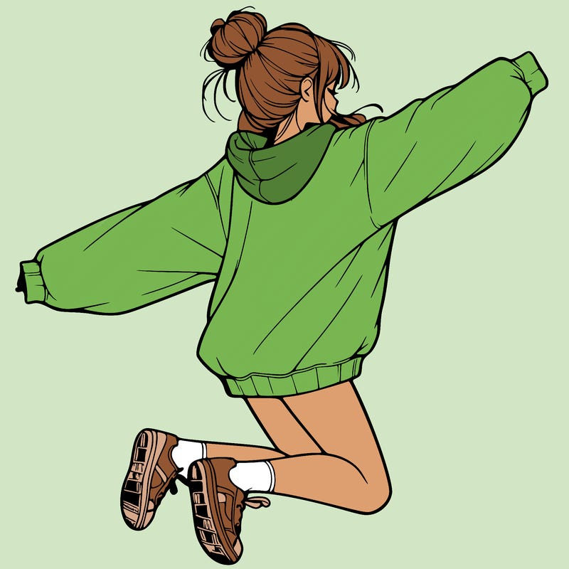 realistic girl jumping with a bun and oversized sweatshirt