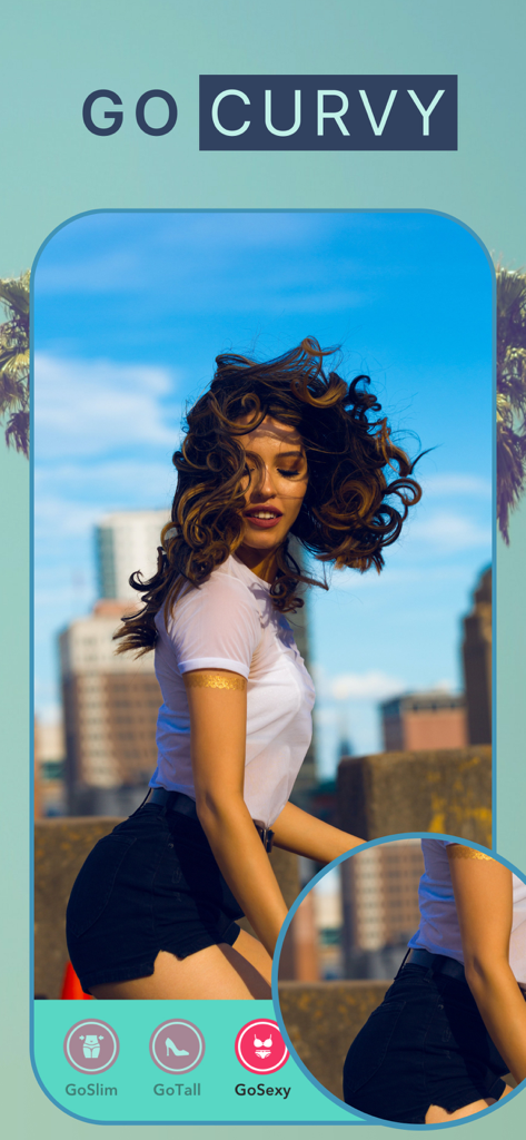GoSexy - Face and Body Editor - Interface of GoSexy app showing the Go Curvy body editing feature on a photo of a woman
