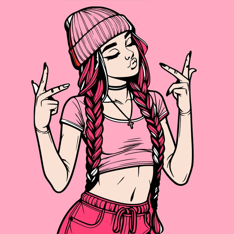realistic teenage girl with braids and a beanie and crop top doing 🫶🏼