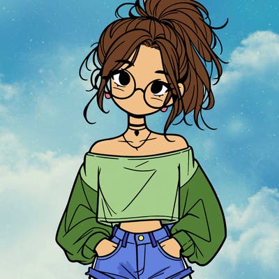 girl with a messy ponytail glasses a baggy crop top and jean shorts