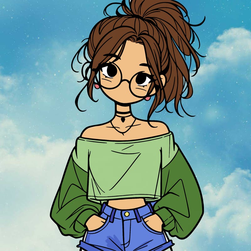 girl with a messy ponytail glasses a baggy crop top and jean shorts