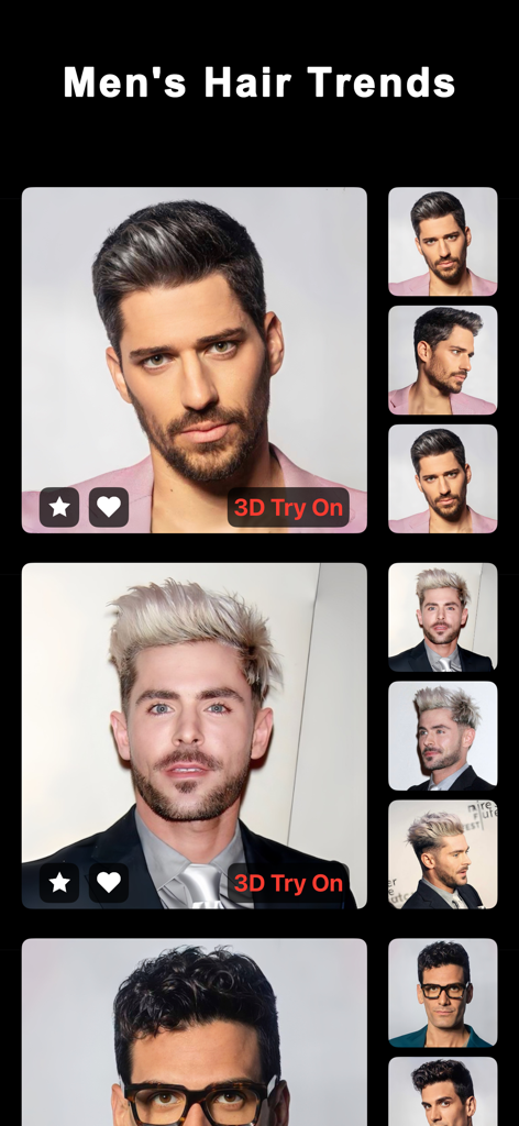 PingHair: AI Hairstyle Changer - Interfaz que muestra varias tendencias de peinados para hombres con opciones de prueba virtual 3D